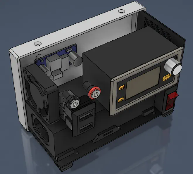 View of the power supply with a few panels hidden to expose the inside
